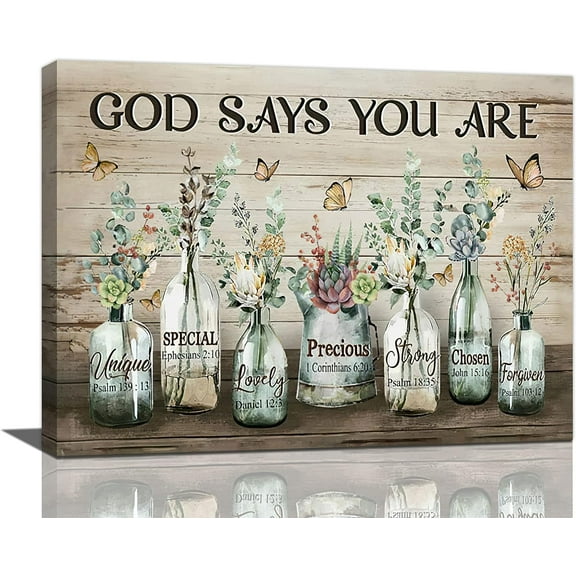 Farmhouse Bathroom Wall Decor Rustic Country Vase Flowers Bathroom Pictures Wall Art God Says You Are Canvas Print Artwork For Bathroom Living Room Kitchen Bedroom Framed 16"x12"