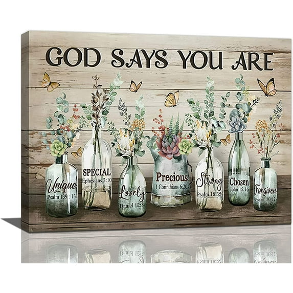 Farmhouse Bathroom Wall Decor Rustic Country Vase Flowers Bathroom Pictures Wall Art God Says You Are Canvas Print Artwork For Bathroom Living Room Kitchen Bedroom Framed 16"x12"