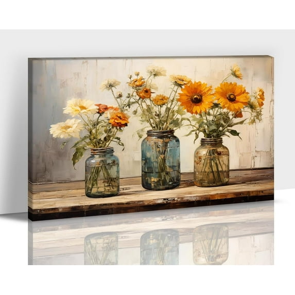 Farmhouse Bathroom Wall Decor - Rustic Floral Wall Art, Flower Painting Picture Artwork for Walls, Country Canvas Print for Bedroom Living Room Office Wall Decor 12x18 Inches