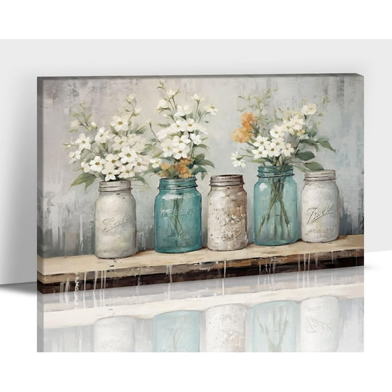 Farmhouse Bathroom Wall Decor - Rustic Floral Wall Art, White Flower Picture Artwork for Walls, Country Canvas Print for Bedroom Living Room Office Wall Decor 12x18 Inches