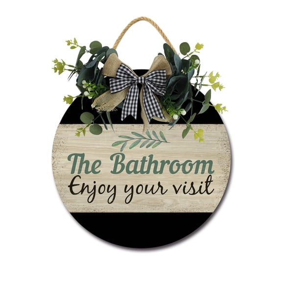 Farmhouse Bathroom Wall Decor - Rustic Framed Round Wooden Sign - Vintage Decoration for Toilet Washroom Restroom - 11 x 11 inch (The Bathroom Enjoy Your Visit)