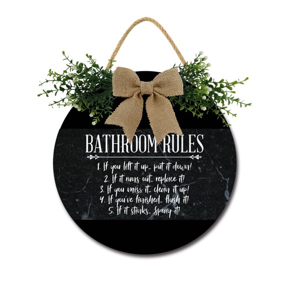 Farmhouse Bathroom Wall Decor - Rustic Framed Round Wooden Sign - Vintage Decoration for Toilet Washroom Restroom - 11 x 11 inch (Bathroom Rules)