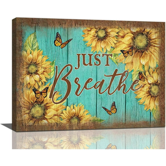 Farmhouse Bathroom Wall Decor Sunflower Wall Art Just Breathe Inspirational Quotes Rustic Country Sunflower Canvas Painting Print Framed Artwork for Office Kitchen Bedroom 16"x12"