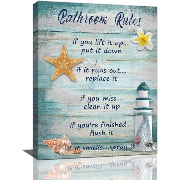 Farmhouse Beach Bathroom Wall Art Seashells Lighthouse Wall Decor Rustic Ocean Bathroom Rules Canvas Painting Prints Artwork Home Decorations Framed for Bedroom 12inx16in