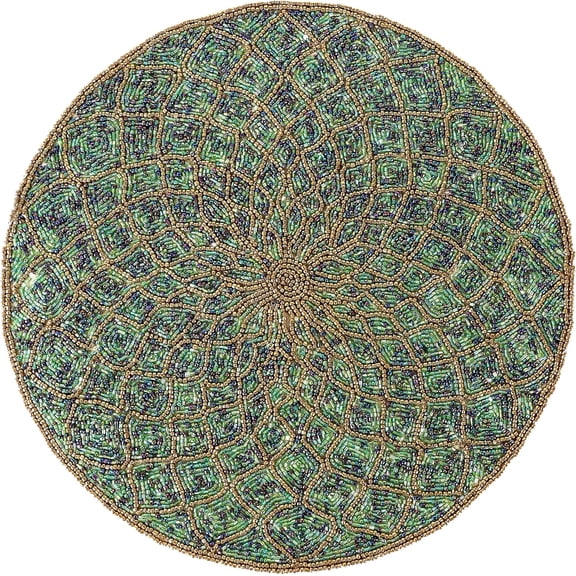 Farmhouse Beaded Placemats 13" Round - Decorative Glitz Christmas Beaded Charger Hand Made by Skilled Artisans - A Beautiful Complement to Your Dinner Table Dcor (Green Gold)