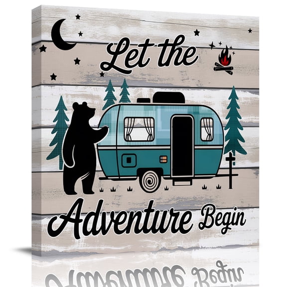 Farmhouse Bear Camper Van Tree Canvas Artwork Painting Art, Vintage Wood Grain Square Framed Wall Decorations Prints Picture for Bedroom Kitchen Living Room, 8x8 in