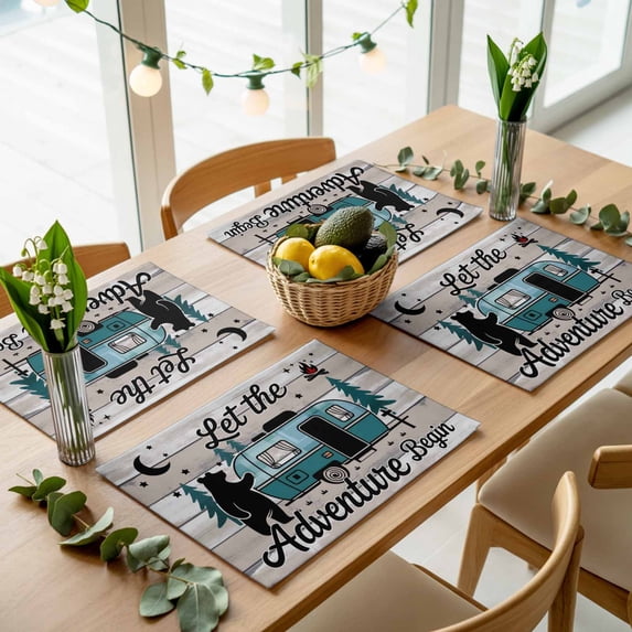 Farmhouse Bear Camper Van Tree Placemats Set of 4,Wipeable Washable Table Mats for Dining Tables, Vintage Wood Grain Place Mats for Kitchen Event Party Tabletop Decor