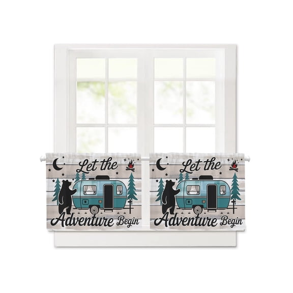 Farmhouse Bear Camper Van Tree Short Blackout Curtains 24 Inch Long,Vintage Wood Grain Rod Pocket Kitchen Curtains,2 Panels Thermal Insulated Room Darkening Drapes for Bedroom,30"W x 24"L
