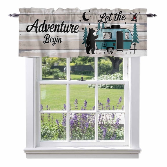 Farmhouse Bear Camper Van Tree Valances for Windows,Kitchen Valance Rod Pocket Short Curtain, Vintage Wood Grain Valance Curtain Window Valances for Bedroom Bathroom Living Room 42x12in