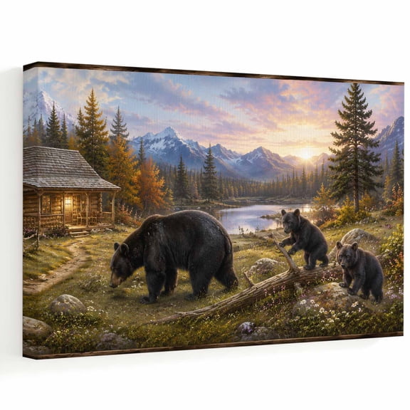 Farmhouse Bear Canvas Wall Art, Country Forest Wilderness Pine Tree Mountain River Wall Art Prints Artwork Framed Canvas Ready to Hang Art Pictures for Bedroom Living Room Closet Kitchen 16" x 12"