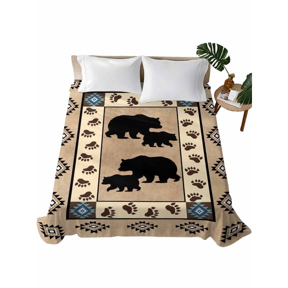 Farmhouse Bear Flat Sheet Only Twin Size, Soft Breathable Bed Top Sheets for Mattress, Country Vintage Animals Paw Print Brown Luxury Bedding Flat Sheets for Home Hotel Bedroom Bed Protection
