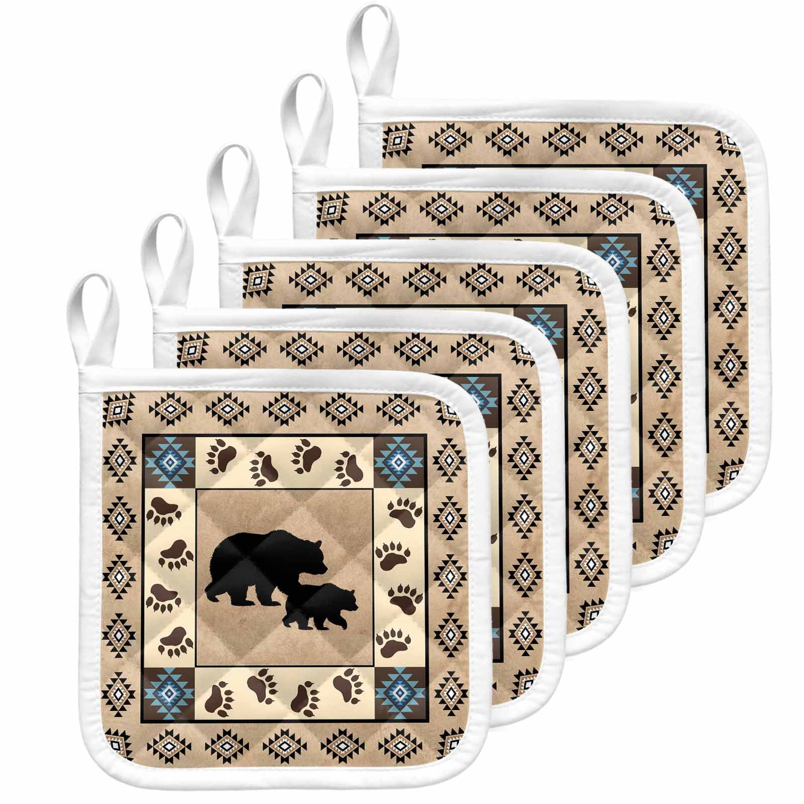 Farmhouse Bear Pot Holders for Kitchen Heatproof Potholder, 5 Pack Country Vintage Animals Paw Print Brown Hot Pads Multipurpose Oven Pads Cloth Potholders Trivet for Cooking Baking