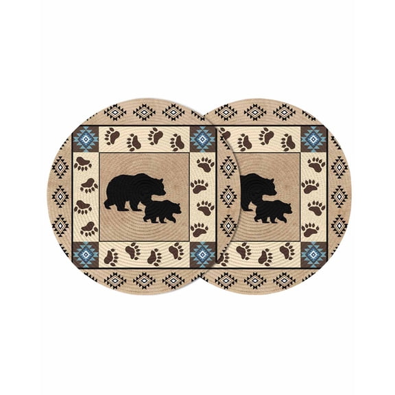Farmhouse Bear Round 13 Inch Placemats Set of 2, Country Vintage Animals Paw Print Brown HeatResistant Non Slip Place Mats for Dining Table, Wipeable Braided Kitchen Table Mats for Housewarming