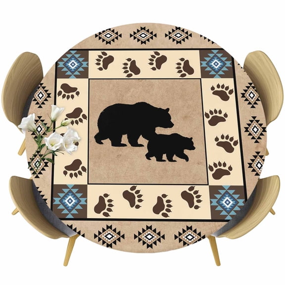 Farmhouse Bear Round Tablecloth, Fitted Table Cover with Elastic for 36"-44" Round Tables, Country Vintage Animals Paw Print Brown Table Cloth Outdoor Indoor Dinning Party Waterproof Tablecloths