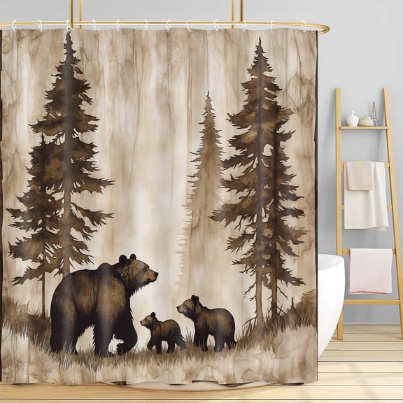 Farmhouse Bear Shower Curtain, Rustic Black Bear Forest Mountain Vintage Wood Decor Bath Curtain, Brown Country Hunting Waterproof Fabric Bathroom Accessories Shower Curtain Set with Hooks, 72X72in