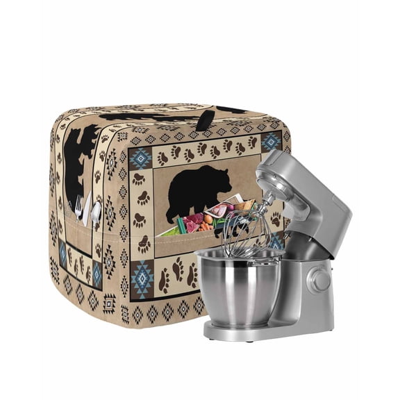 Farmhouse Bear Stand Mixer Dust Cover with Storage Pocket & Handles,Country Vintage Animals Paw Print Brown Fits All Tilt Head & Bowl Lift Kitchen Appliance Cover Organizer Accessories,4.5-5 Quart
