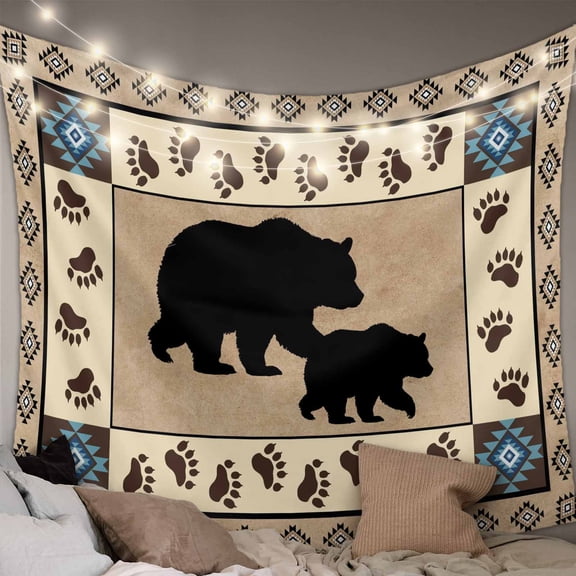 Farmhouse Bear Tapestry for Bedroom Wall Hanging Tapestry, Country Vintage Animals Paw Print Brown Ceiling Backdrop Tapestries Poster Blanket Wall Decor for Teens Room Living Room Dorm 39" x 59"