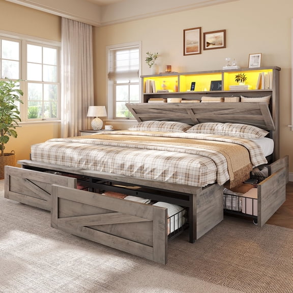 Farmhouse Bed Frame with 6 Storage Drawers, Full Size Wood Platform Bed with Headboard Bookcase and Built-in Charging Station, LED Lights, Gray Rustic Bedroom Furniture