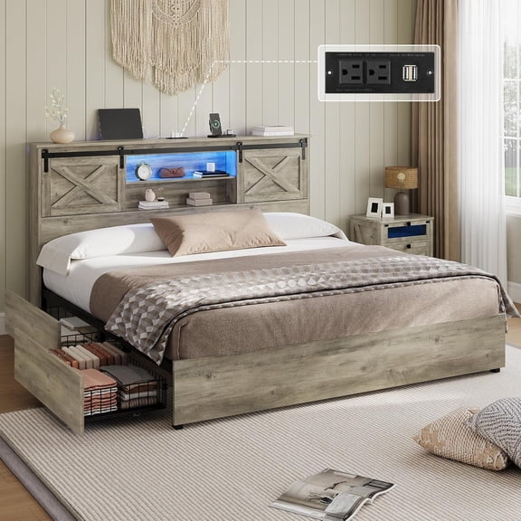 Farmhouse Bed Frame California King Size with RGB LED Lights,Wooden Platform Beds with Charging Station & 4 Storage Drawers, Rustic Bed Unit with Storage Headboard,Shelves and Sliding Barn Door