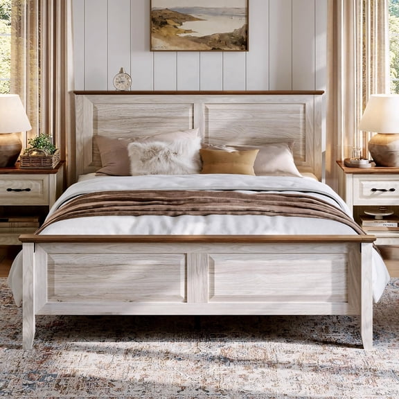 Rustic Queen Platform Bed Frame with Headboard and Footboard No Box Spring Needed Beige
