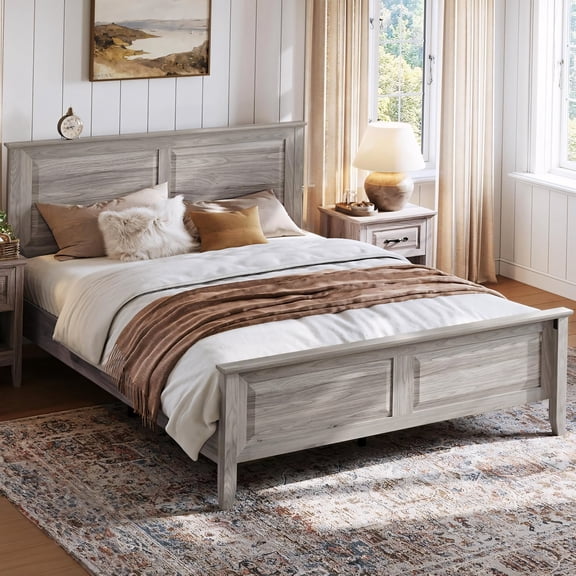Rustic Queen Platform Bed Frame with Headboard and Footboard No Box Spring Needed Gray