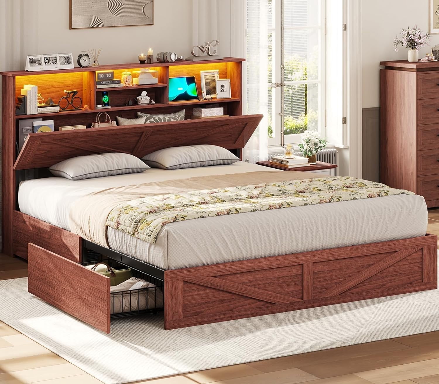 Full Farmhouse Bed Frames With Storage Headboard Bookcase, Wooden Platform Bed with 4 Drawers, No Boxing Need, Red Brown