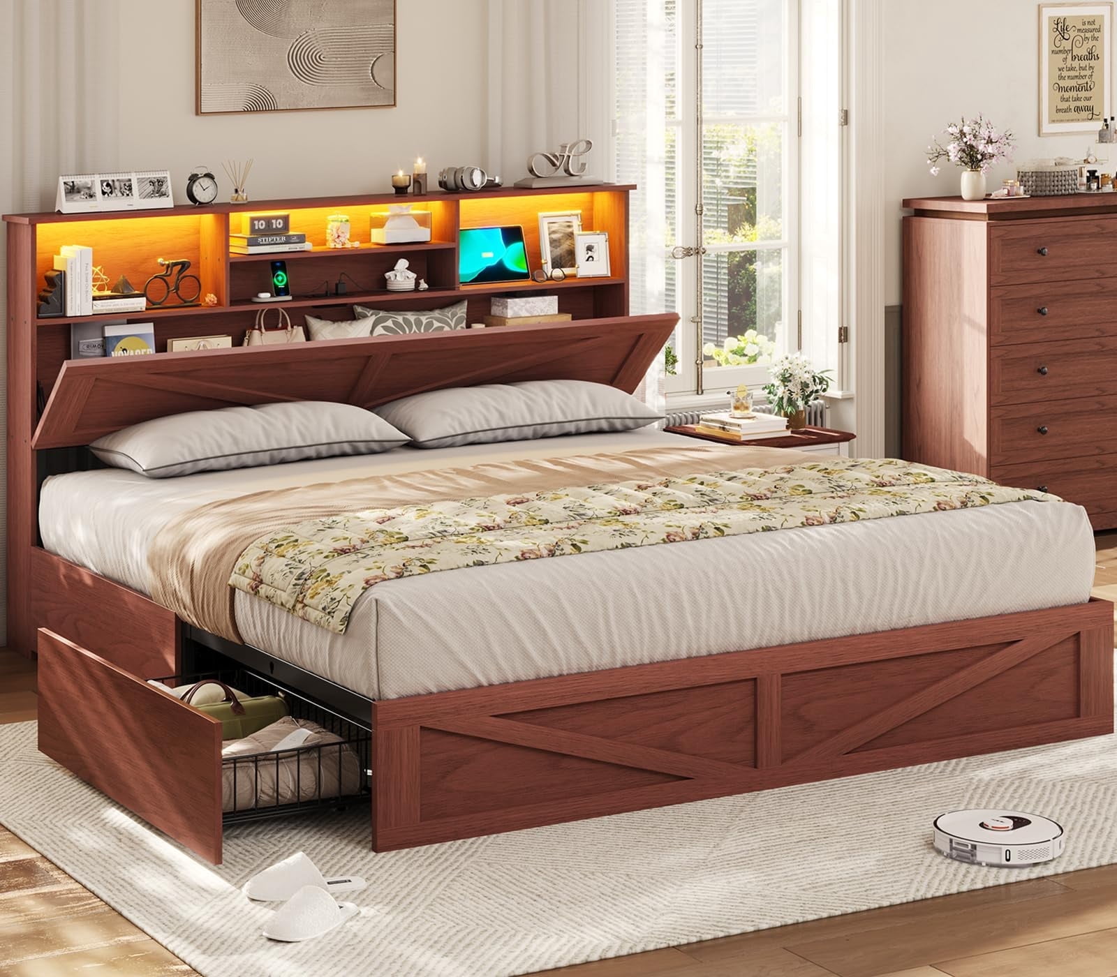 Full Size Bed Frame with Storage Headboard and Charging Station