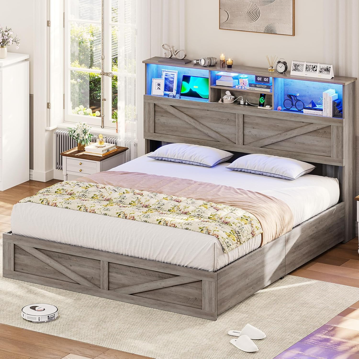 Farmhouse Bed Frame Full Size with Bookcase Storage Headboard, Shelves ...