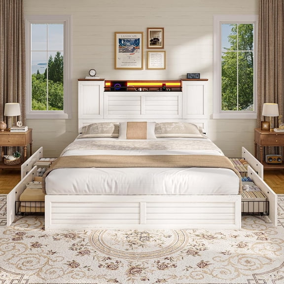 Farmhouse Bed Frame Full Size with Headboard Storage and LED Lights, Wooden Platform Bed with 4 Drawers, No Box Spring Needed, White