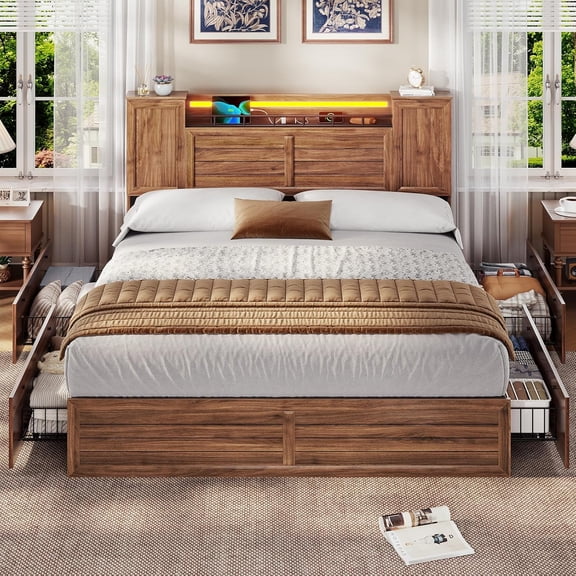 Farmhouse Bed Frame Full Size with Headboard and Double Barn Door Storage Cabinets LED Rustic Wooden Bed with Charging Station and 4 Drawers Brown