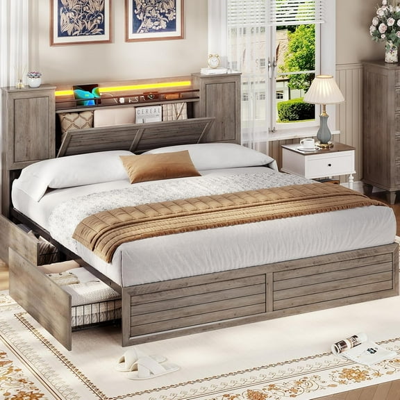 Farmhouse Bed Frame King Size with Headboard and Double Barn Door Storage Cabinets, Rustic Wooden Platform Bed with 4 Drawers and LED Lights, No Box Spring Needed