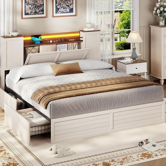 AOGLLATI Farmhouse Bed Frame King Size with Headboard and Double Barn Door Storage Cabinets, Rustic Wooden Platform Bed with 4 Drawers and LED Lights, No Box Spring Needed