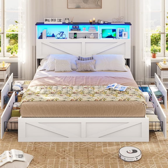AOGLLATI Farmhouse Bed Frame King Size with Bookcase & Storage Drawers LED Wooden Platform Bed, No Box Spring Needed, White