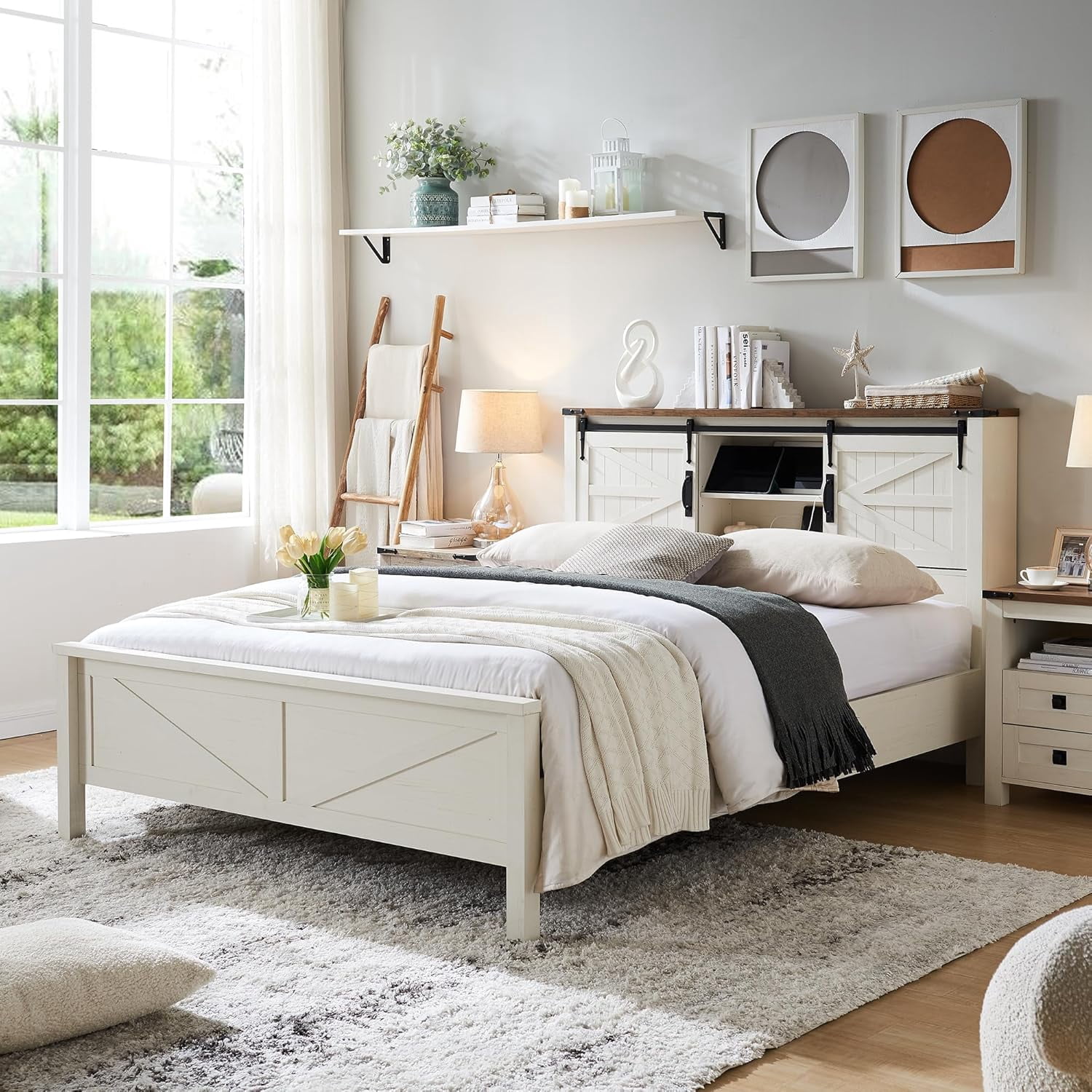 Farmhouse Bed Frame Queen Size with Bookcase Headboard, Sliding Barn ...