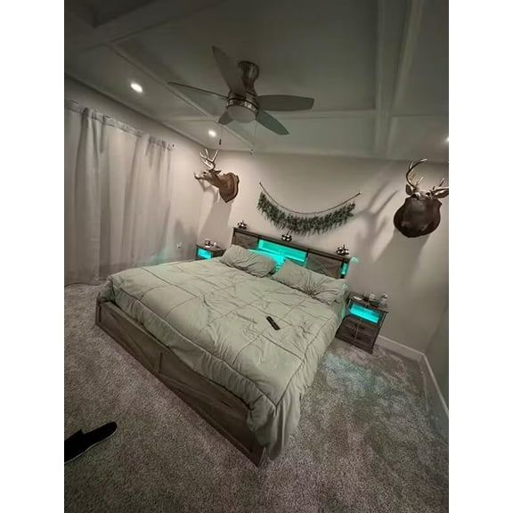 Farmhouse Bed Frame Queen Size with LED Lights and Charging Station, Wooden Queen Bed with 2 Storage Drawers, Rustic Headboard with Sliding Barn Door Storage Cabinets