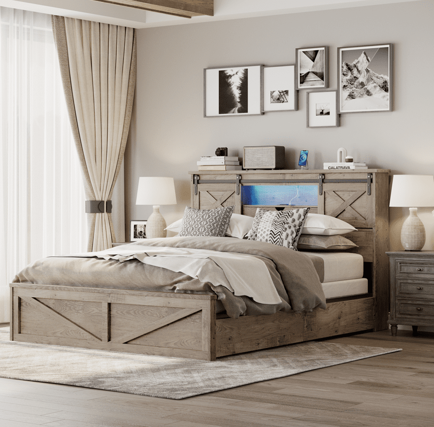 Farmhouse Bed Frame Queen Size with LED Lights and Charging Station, Wooden Queen Bed with 2 Storage Drawers, Rustic Headboard with Sliding Barn Door Storage Cabinets
