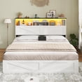 thumbnail image 1 of Farmhouse Bed Frame Queen Size with 4 Storage Drawers and Bookcase Headboard, LED Wooden Bed with Hidden Space, No Box Spring Needed, White, 1 of 9