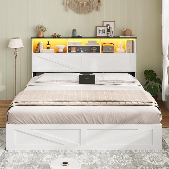 Farmhouse Bed Frame Queen Size with 4 Storage Drawers and Bookcase Headboard, LED Wooden Bed with Hidden Space, No Box Spring Needed, White