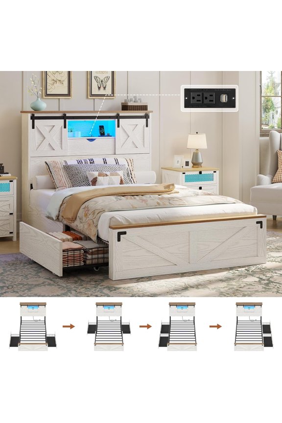 Farmhouse Bed Frame Twin Size with LED Lights and Charging Station, Twin Storage Platform Bed Frame with Headboard and Drawers, No Box Spring Needed, White