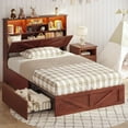 thumbnail image 1 of Twin Size Bed Frame, Farmhouse Wooden Platform Twin Bed with Storage Headboard Bookcase and 4 Footboard Storage Drawers Oak Brown, 1 of 13