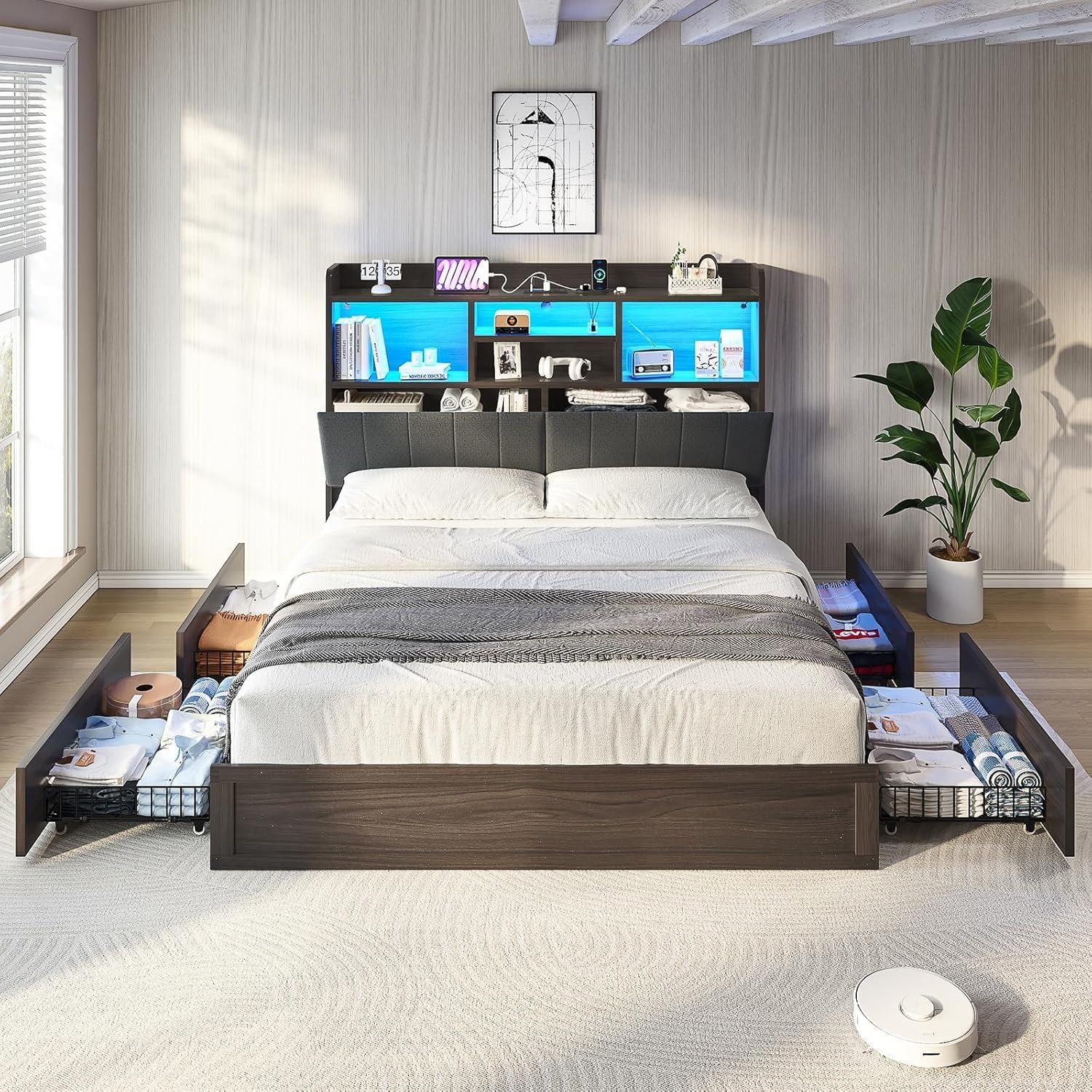 Farmhouse Bed Frame with Bookcase Headboard and 4 Drawers, LED Storage ...
