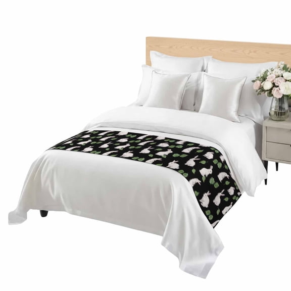 Farmhouse Bed Runner King Size Cartoon Rabbits and Plant Leaves Black Background Soft Bed Scarf for Foot of Bed, Decorative Bedding Scarf Protection for Hotel Home Bedroom 94 x 20 Inch