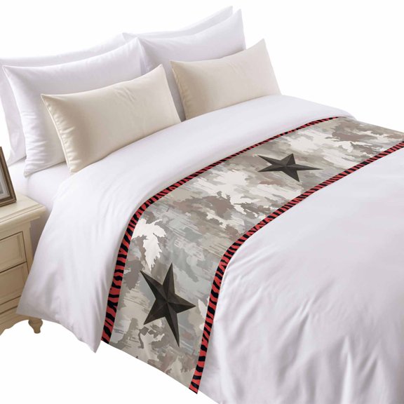 Farmhouse Bed Runner for Twin Size Bed, Metal Five-Pointed Star Country Rustic Leopard Print Stripes Soft Bedding Scarf Bedding Protector Slipcover Sofa Throw for Bedroom Hotel Guesthouse