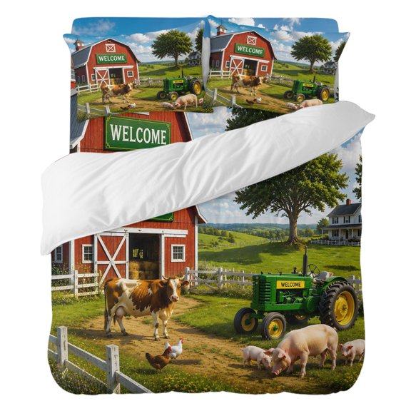 Farmhouse Bedding Duvet Cover Set Twin Size 4 Pieces, Rustic Red Barn Animal Tractor Cow Rural Fence Bedding Set with Zipper Closure, 1 Comforter Cover 68x90 Inches 1 Flat Sheet & 2 Pillow Cases