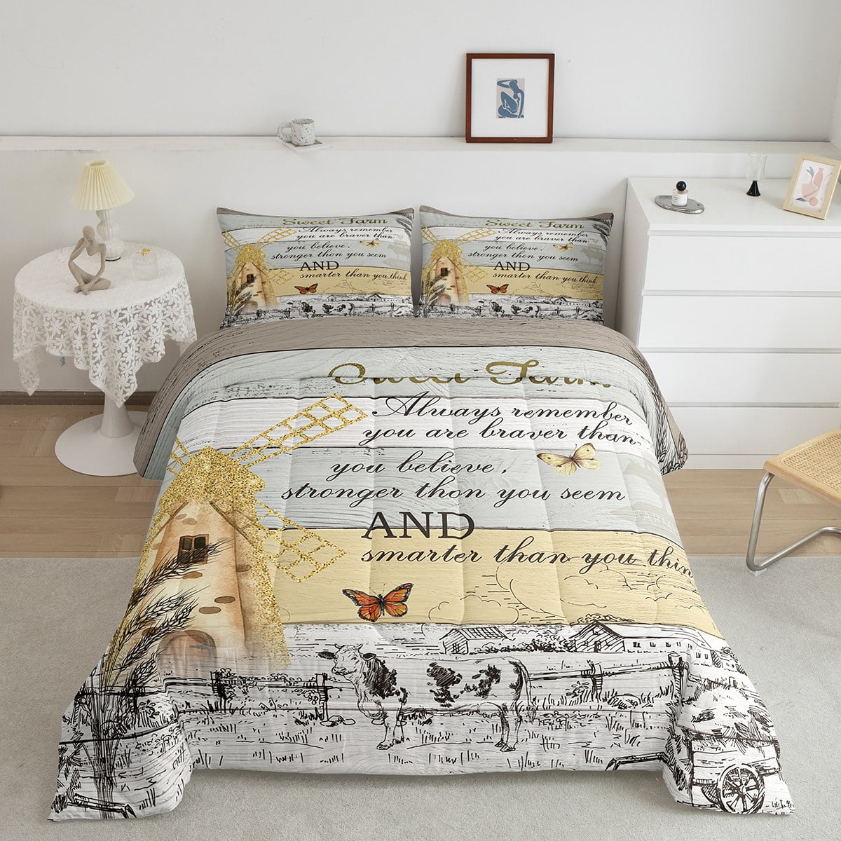 Farmhouse Bedding Queen, Rustic Windmill Comforter Set Retro Barn