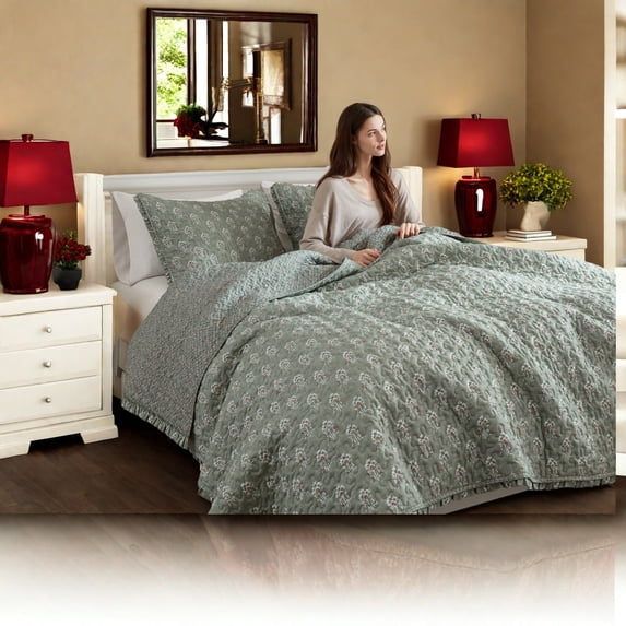 Farmhouse Bedding Sets Sage Green Queen Quilt Set with Ruffle Trim Lightweight Cozy Microfiber