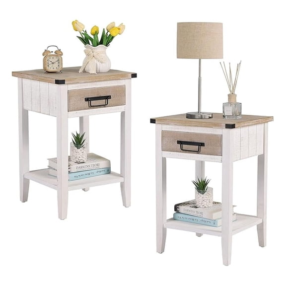 Farmhouse Bedside Table Set of 2, Rustic Nightstand with Drawers and Open Shelf, Side Table End Tables for Bedroom/Living Room/Lounge (Vintage White)