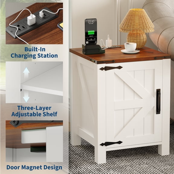 Farmhouse Bedside Tables Set of 2 with Charging Station – 18'' White and Brown Bedside Tables, Barn Door, 2 AC Outlets, 2 USB Ports, Adjustable Storage Shelf,