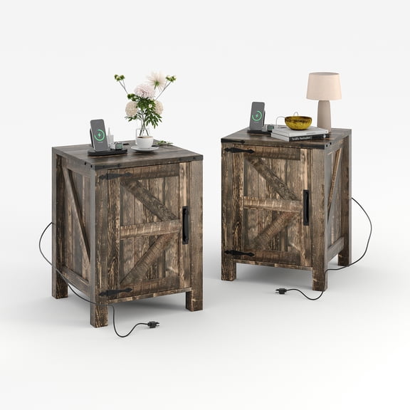 Farmhouse Bedside Tables Set of 2 with Charging Station – 18'' White and Brown Bedside Tables, Barn Door, 2 AC Outlets, 2 USB Ports, Adjustable Storage Shelf,