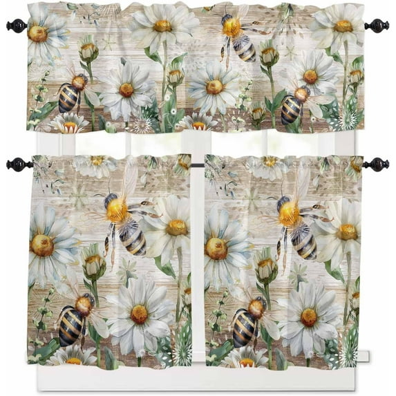 Farmhouse Bee Daisy Kitchen Curtains and Valances Set, Rod Pocket Curtains Tier Farmhouse Window Curtains 24 Inch Length, Summer Floral Rustic Brown Wooden 3 Piece Kitchen Curtains Set